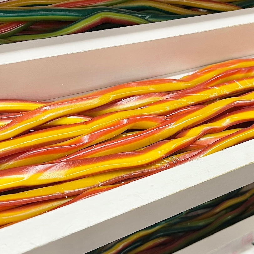 Close up image of our rhubarb and custard cables- Rupert's Candy