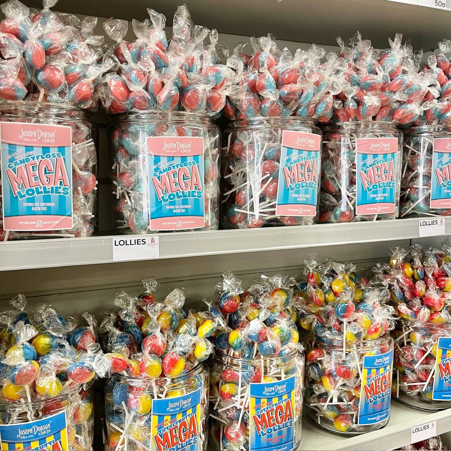 Image of our candyfloos and tutti fruity Lollipops on the shelf- Rupert's Candy