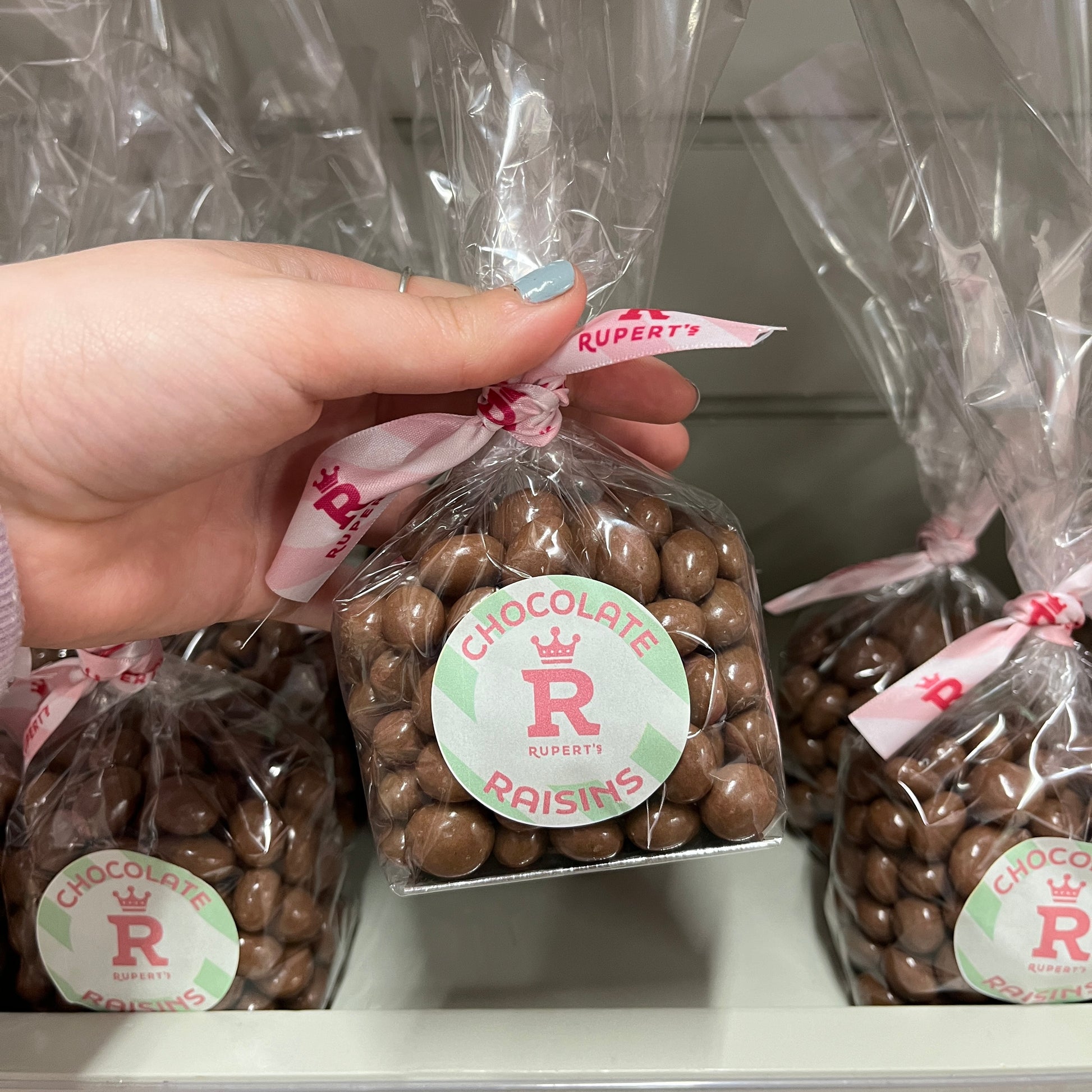 Small bag of chocolate raisins being held up-Rupert's Candy