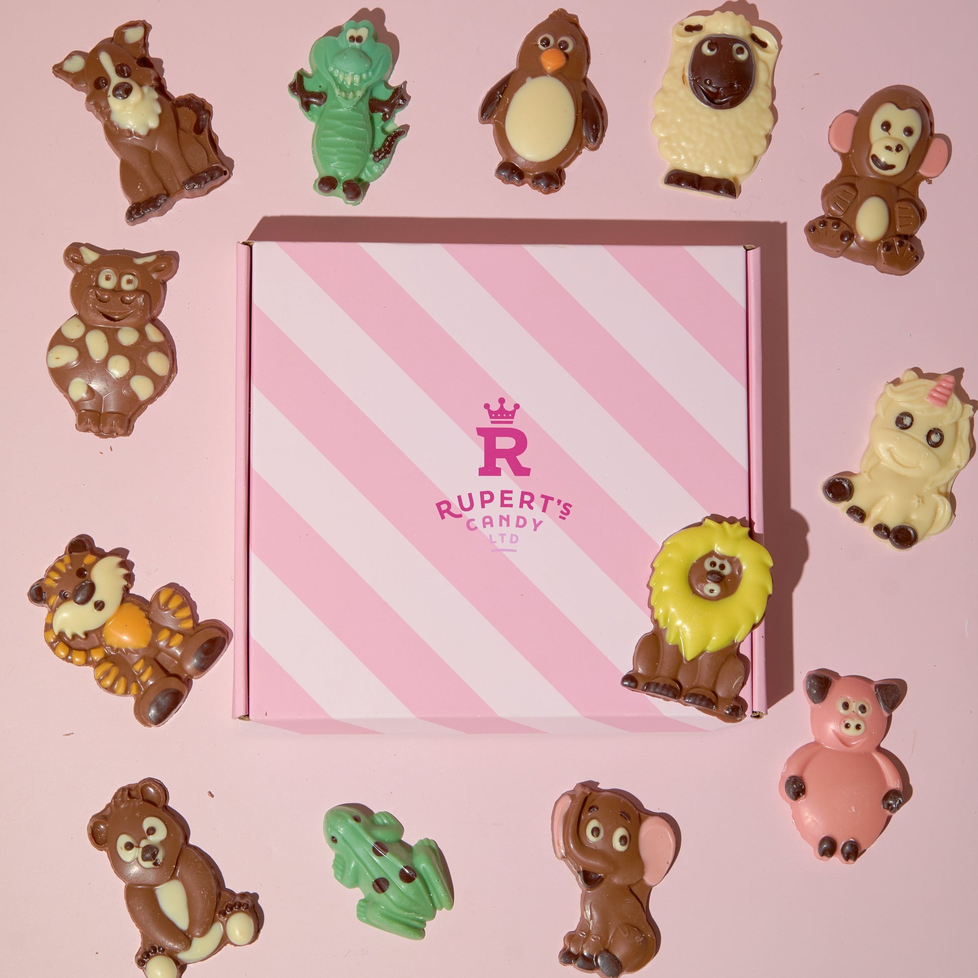 Birds Eye view of our pink Rupert's candy box with all the different Belgian chocolate animals we do plaid on top and around it- Rupert's Candy