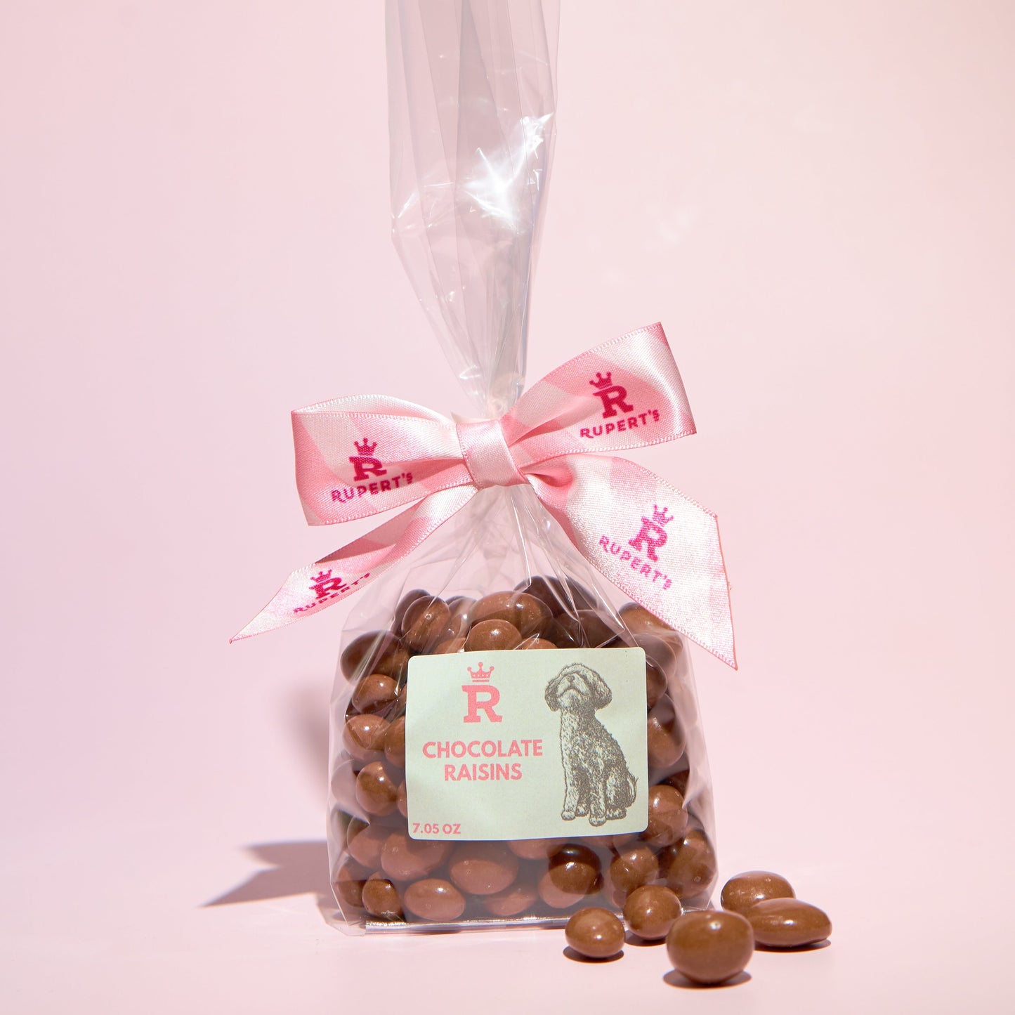 Small gift bag of chocolate enrolled raisins with some chocolate raisins placed in front- Rupert's Candy