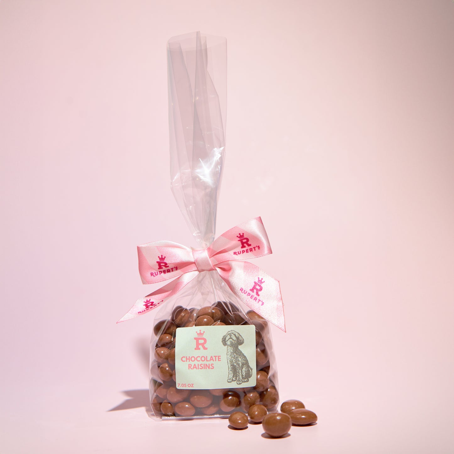 Small gift bag of chocolate enrolled raisins with some chocolate raisins placed in front- Rupert's Candy